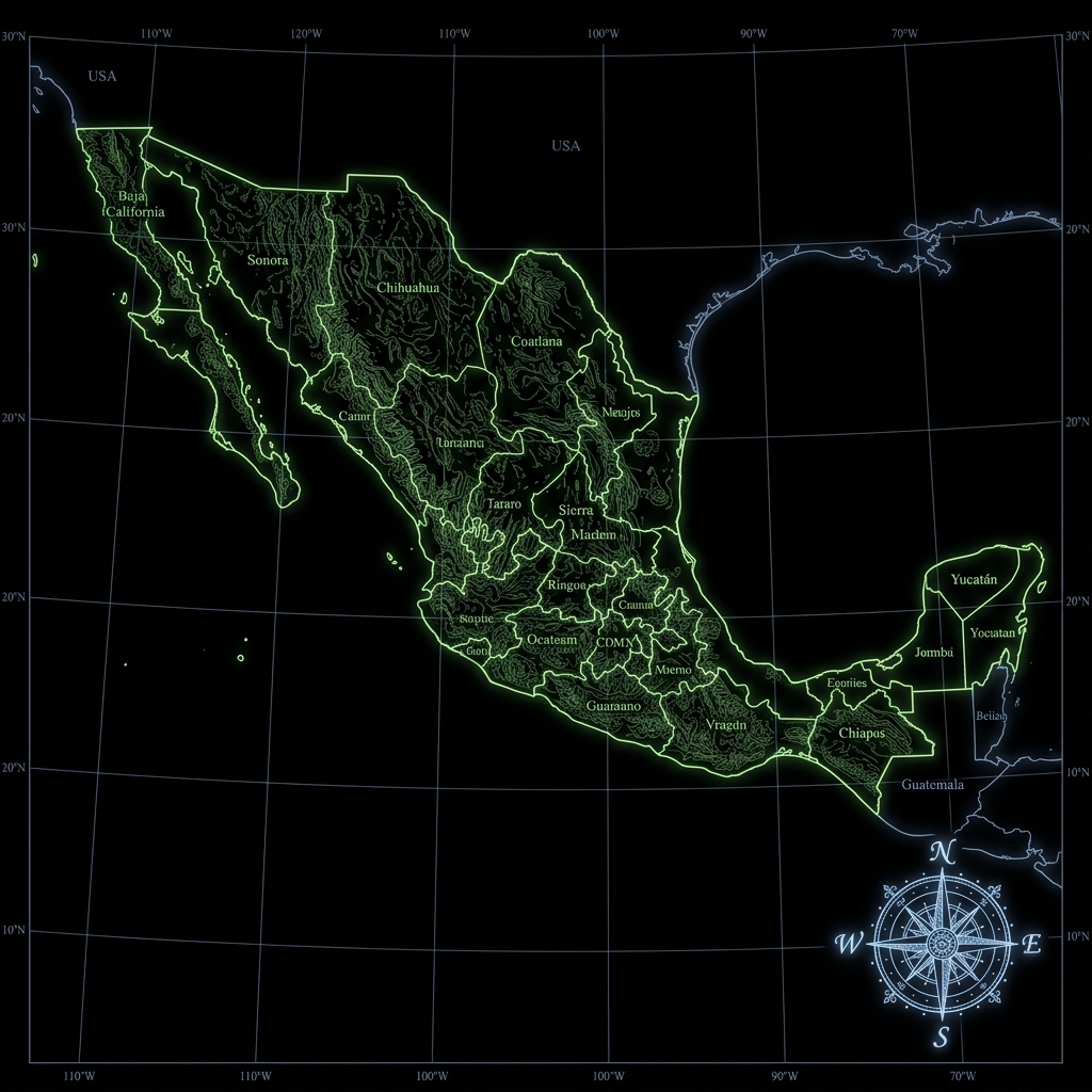 Mapa cartográfico de México (Modo Oscuro)